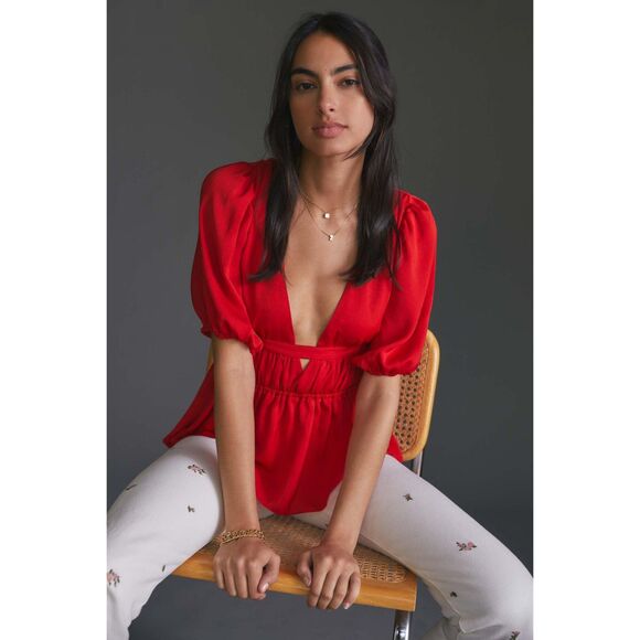 Anthropologie Dolan Cut-out Silky Red V Neck - Picture 1 of 12